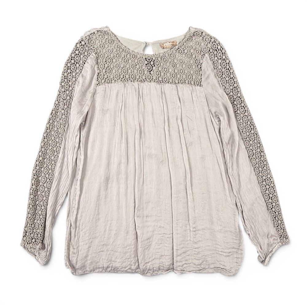 Carla Conti Italian Silk Peasant Blouse Womens L Gray Taupe Quiet Luxury Crochet